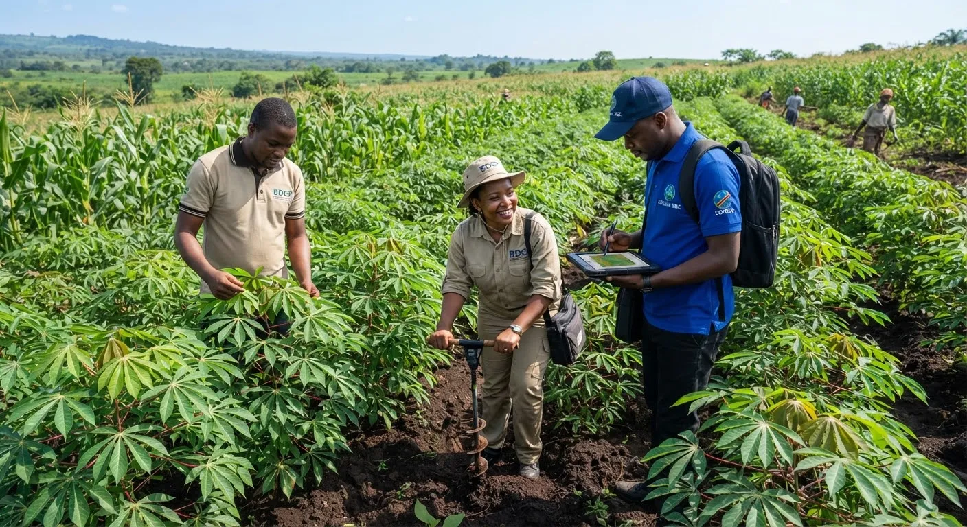 Agronomes et agents techniques inspectant une plantation de manioc et de maïs.