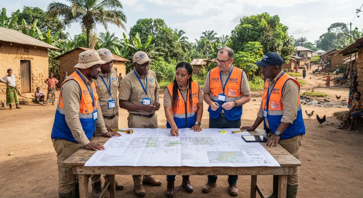 Délégation pluridisciplinaire en gilets de terrain réunie autour d'un plan de projet.