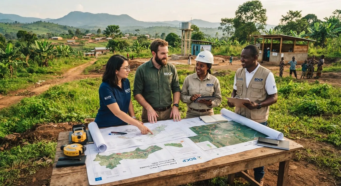 Équipe d'ingénieurs et de coordonnateurs du BDCP réunie sur le terrain en RDC.
