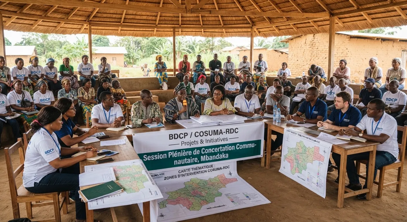 Session de concertation communautaire à Mbandaka avec notables, responsables associatifs et experts.