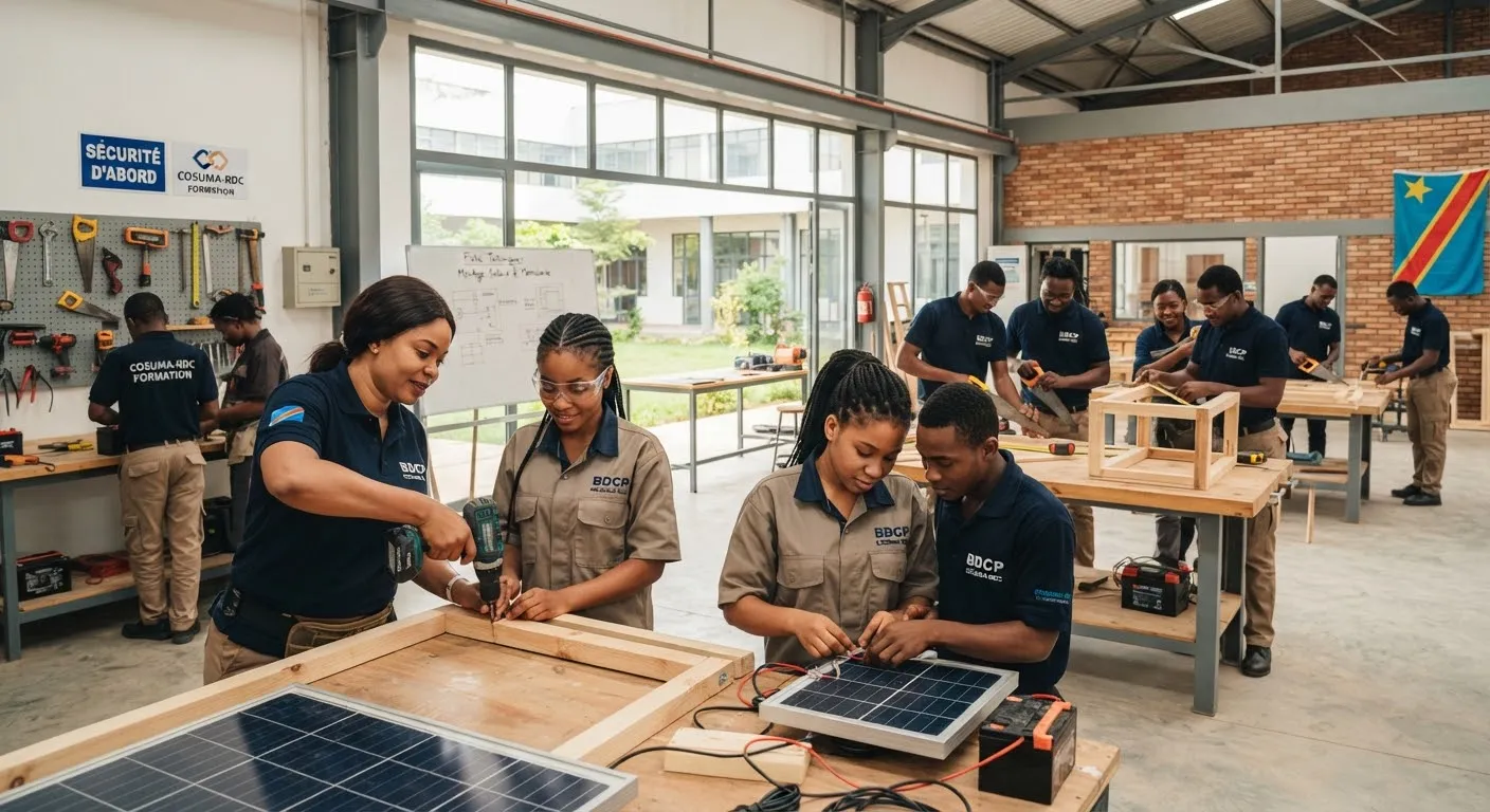 Jeunes professionnels congolais en formation technique dans un atelier moderne à Kinshasa.