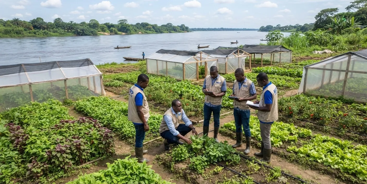 Agronomes congolais en gilets de terrain examinant des cultures maraîchères le long du fleuve Congo.